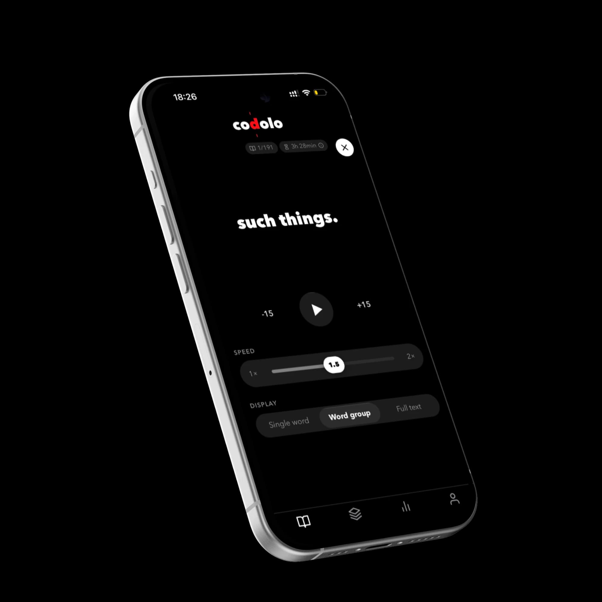 Codolo reader showing a short group of words in sync with the voice